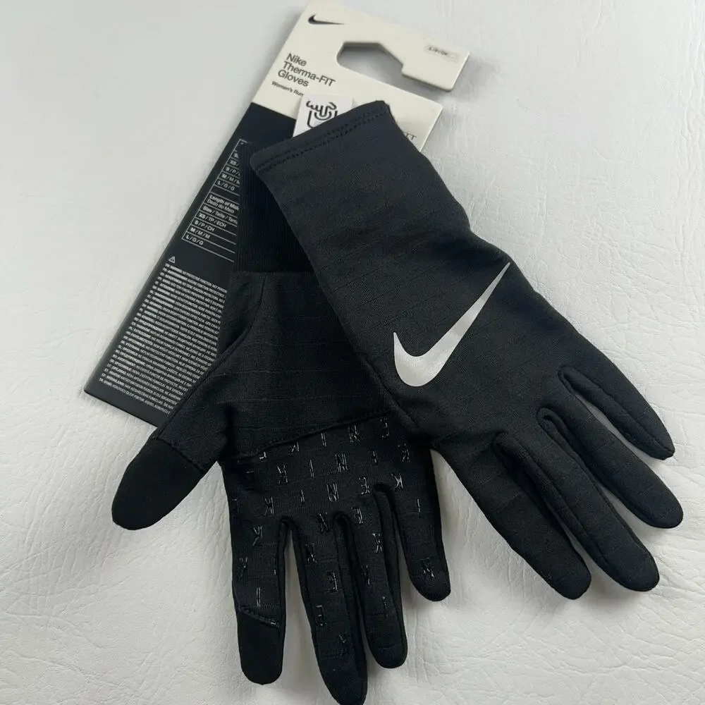 Nike Womens Therma-FIT Running Gloves Black Reflective Swoosh Grip NWT